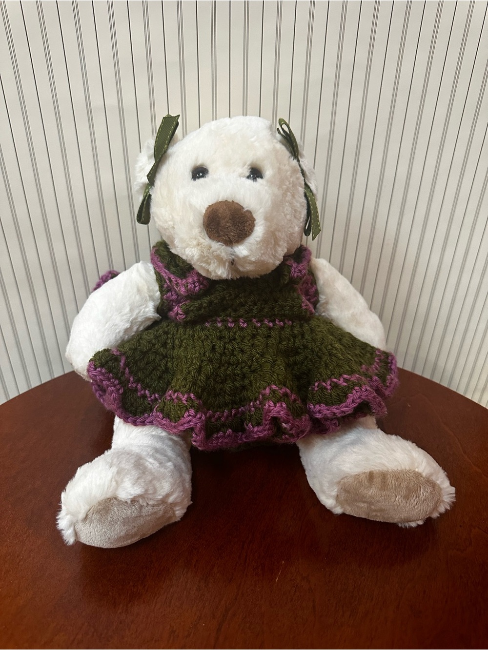 Plush White Teddy Bear in Green & Purple Knit Dress Boyd’s Bear